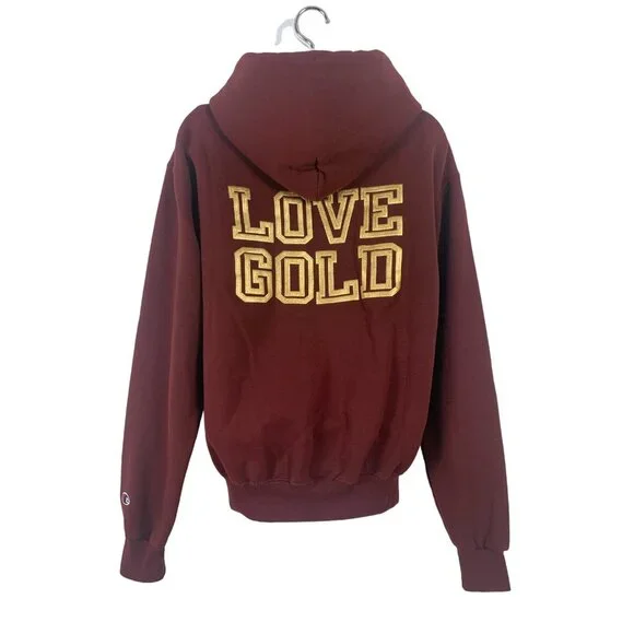 Champion Maroon Full-Zip Drawstring Hoodie "Love Gold" Back Design Front Pockets - Picture 3 of 11